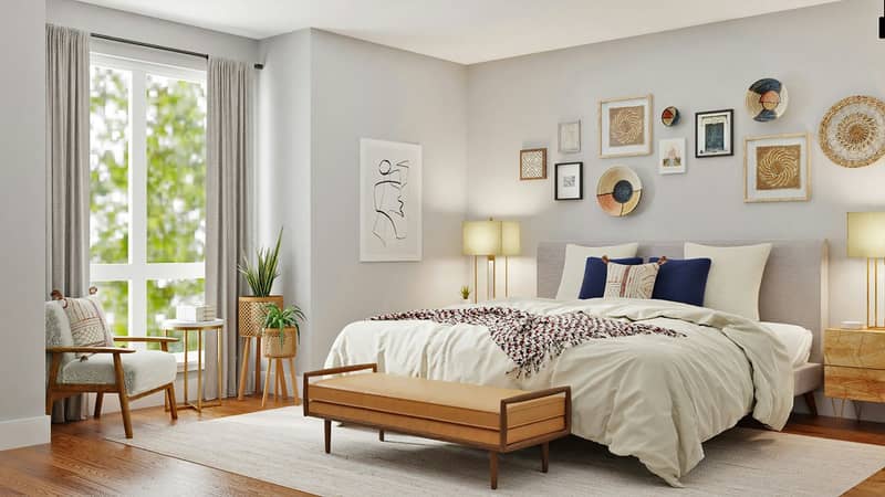 A bright rental bedroom with a made bed and a woven wall hanging