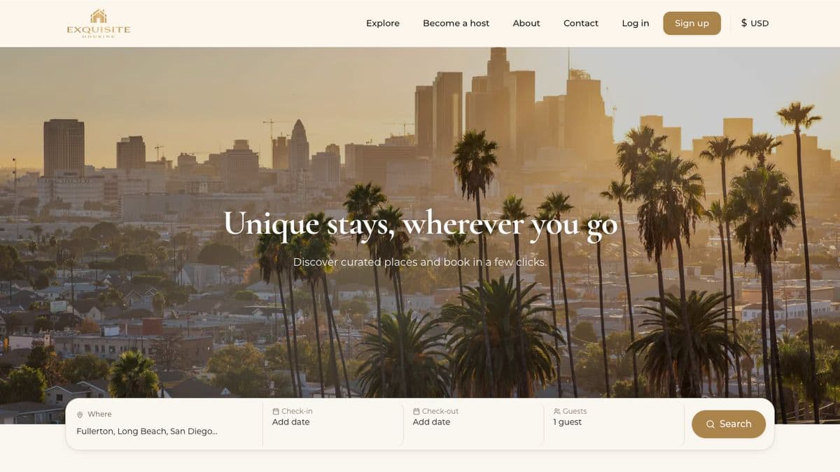 Exquisite Housing homepage: search across Fullerton, Long Beach and San Diego
